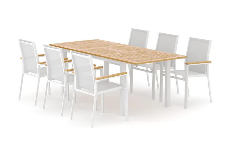 Las Vegas ulkoruokailuryhmä, jatkettava 152–210x90 cm, 6 Las Vegas -pinottavalla tuolilla, Valkoinen