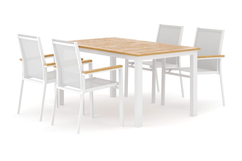 Las Vegas ulkoruokailuryhmä, jatkettava 152-210x90 cm, 4 Las Vegas -pinottavaa tuolia, Valkoinen