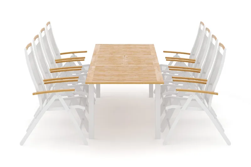 Las Vegas ulkoruokailuryhmä, jatkettava 220–280x100 cm, 8 Las Vegas säätötuolia, Valkoinen