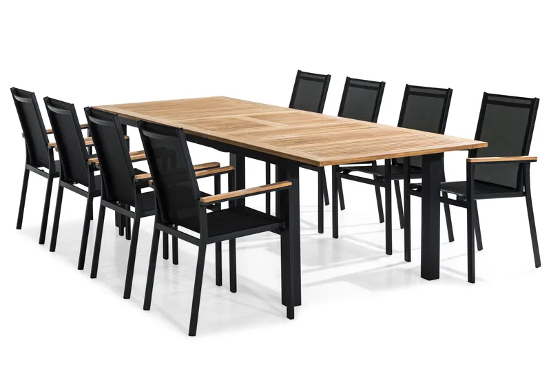 Las Vegas ulkoruokailuryhmä, jatkettava 220–280x100 cm, 8 Las Vegas pinottavaa tuolia, Musta