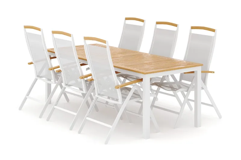 Las Vegas ulkoruokailuryhmä, jatkettava 220x280x100 cm, 6 Las Vegas -säätötuolia - Valkoinen - Puutarhakalusteet - Ulkoryhmä - Ruokailuryhmät ulos