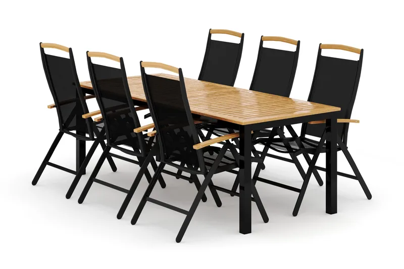 Las Vegas ulkoruokailuryhmä, jatkettava 220x280x100 cm, 6 Las Vegas -säätötuolilla - Musta - Puutarhakalusteet - Ulkoryhmä - Ruokailuryhmät ulos