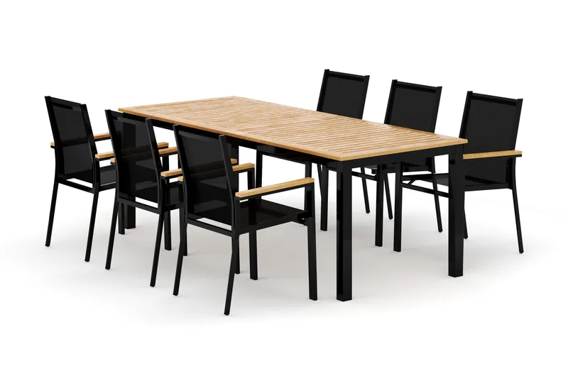 Las Vegas ulkoruokailuryhmä, jatkettava 220x280x100 cm, 6 Las Vegas -pinottavalla tuolilla, Musta