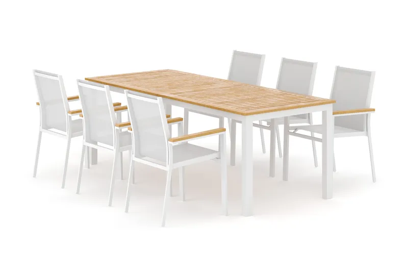 Las Vegas ulkoruokailuryhmä, jatkettava 220x280x100 cm, 6 Las Vegas -pinottavalla tuolilla, Valkoinen