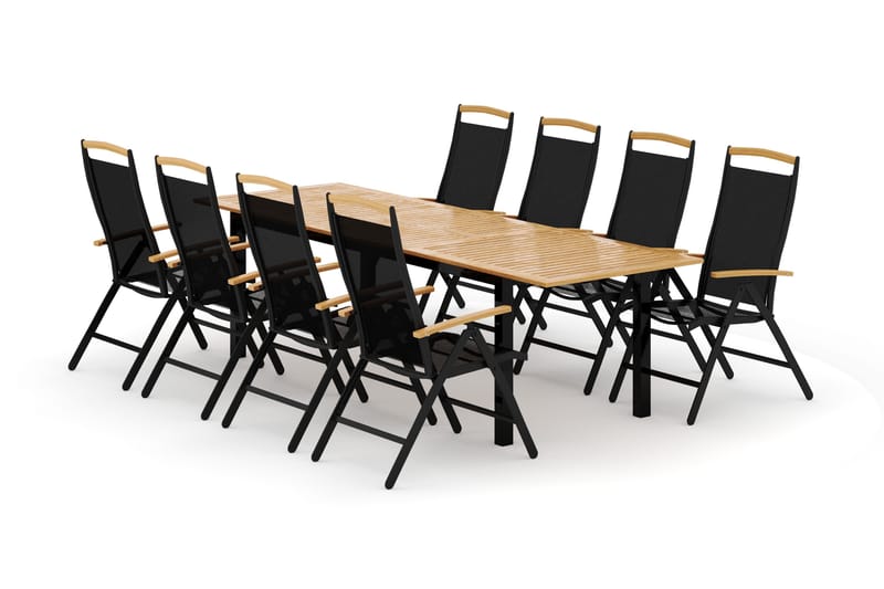 Las Vegas ulkoruokailuryhmä, jatkettava 220x280x100 cm, 8 Las Vegas -säätötuolilla - Musta - Puutarhakalusteet - Ulkoryhmä - Ruokailuryhmät ulos