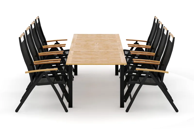 Las Vegas ulkoruokailuryhmä, jatkettava 220x280x100 cm, 8 Las Vegas -säätötuolilla, Musta