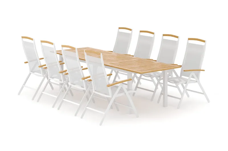 Las Vegas ulkoruokailuryhmä, jatkettava 220x280x100 cm, 8 Las Vegas -säätötuolilla - Valkoinen - Puutarhakalusteet - Ulkoryhmä - Ruokailuryhmät ulos