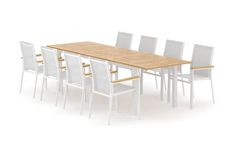 Las Vegas ulkoruokailuryhmä, jatkettava 220x280x100 cm, 8 Las Vegas -pinottavalla tuolilla, Valkoinen