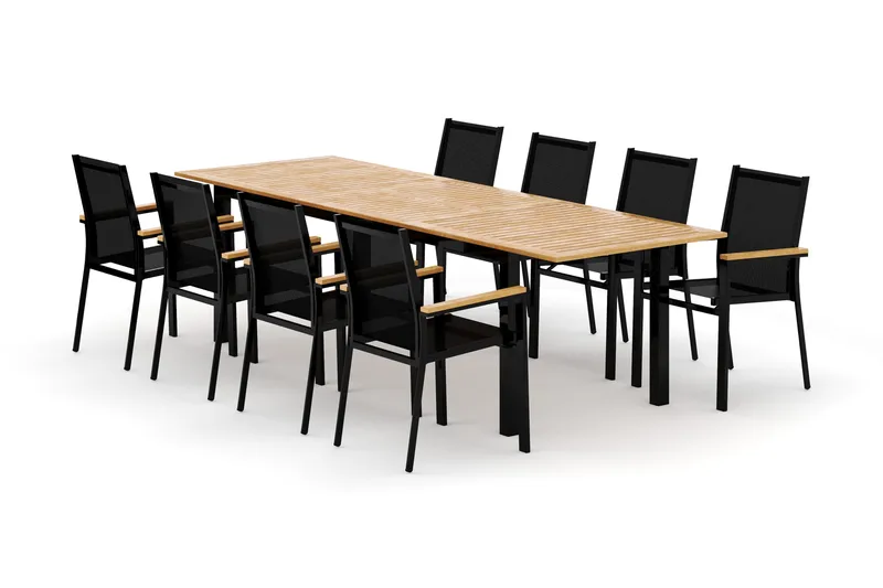 Las Vegas ulkoruokailuryhmä, jatkettava 220x280x100 cm, 8 Las Vegas -pinottavaa tuolia, Musta