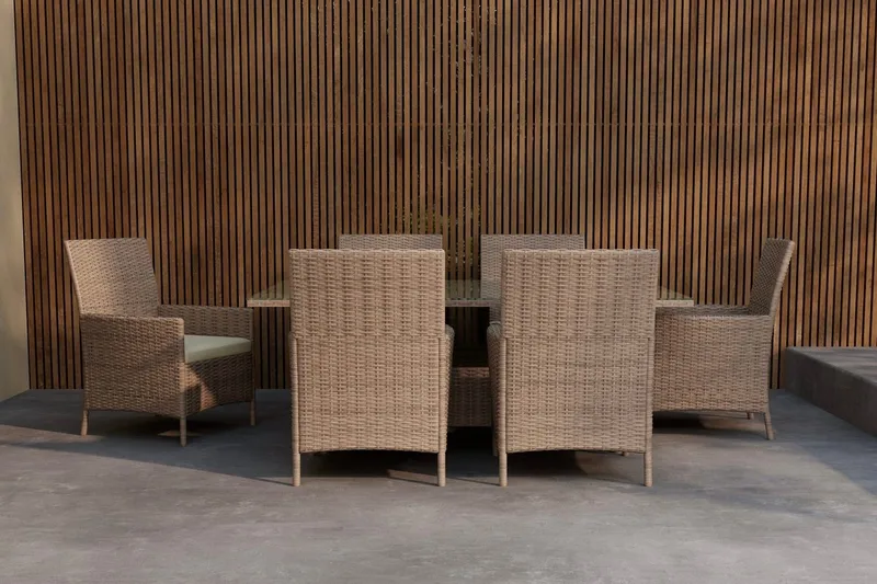 Lefkas ruokailuryhmä 150 cm, 6 tuolia ulkokäyttöön, Ruskea