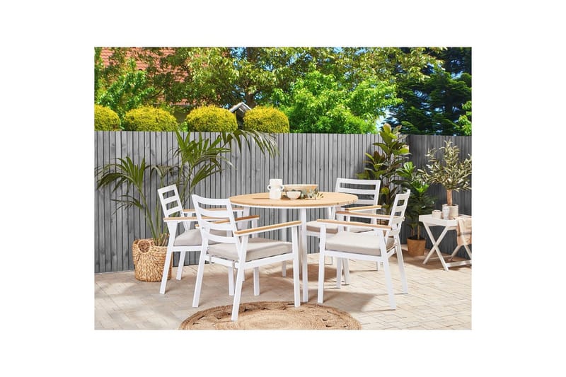 Matsalsset Beliani Cavoli Vit/ljust trä/beige White||Light wood||Beige - Puutarhakalusteet - Ulkoryhmä - Ruokailuryhmät ulos