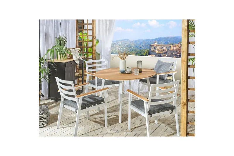 Matsalsset Beliani Cavoli Vit/ljust trä/beige White||Light wood||Grey - Puutarhakalusteet - Ulkoryhmä - Ruokailuryhmät ulos