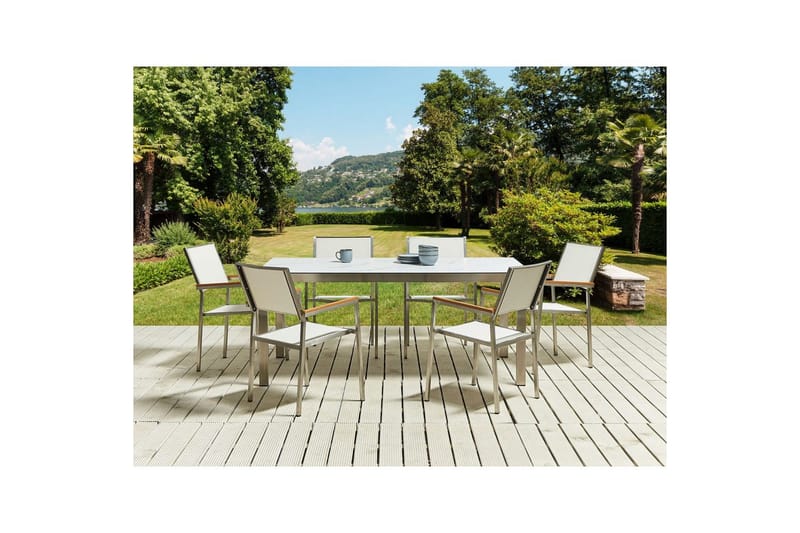 Matsalsset Beliani Cosoleto/Grosseto Grå/Silver, 6-Sits White Marble||Silver - Puutarhakalusteet - Ulkoryhmä - Ruokailuryhmät ulos