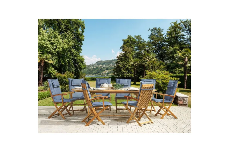 Matsalsset Beliani Maui 8-sits Grå/ljust trä Light wood||blue - Puutarhakalusteet - Ulkoryhmä - Ruokailuryhmät ulos