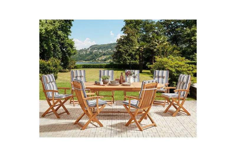 Matsalsset Beliani Maui II Flerfärgad/beige/blå/ljus trä, 8-Sits Multicolor||Beige||blue||Light wood - Puutarhakalusteet - Ulkoryhmä - Ruokailuryhmät ulos
