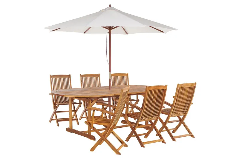 Matsalsset Beliani Maui med parasoll 8-sits Ljus trä/beige Light wood||Beige, undefined