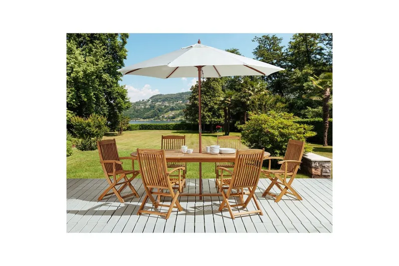 Matsalsset Beliani Maui med parasoll 8-sits Ljus trä/beige Light wood||Beige - Puutarhakalusteet - Ulkoryhmä - Ruokailuryhmät ulos