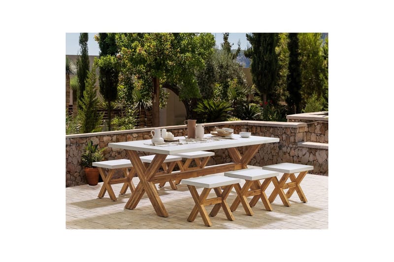 Matsalsset Beliani Olbia 6-Sits White||Light wood - Puutarhakalusteet - Ulkoryhmä - Ruokailuryhmät ulos