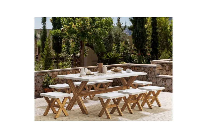 Matsalsset Beliani Olbia 8-Sits White||Light wood - Puutarhakalusteet - Ulkoryhmä - Ruokailuryhmät ulos