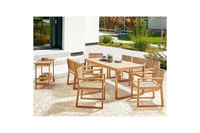 Matsalsset Beliani Sassari II 8-Sits Light wood - Puutarhakalusteet - Ulkoryhmä - Ruokailuryhmät ulos