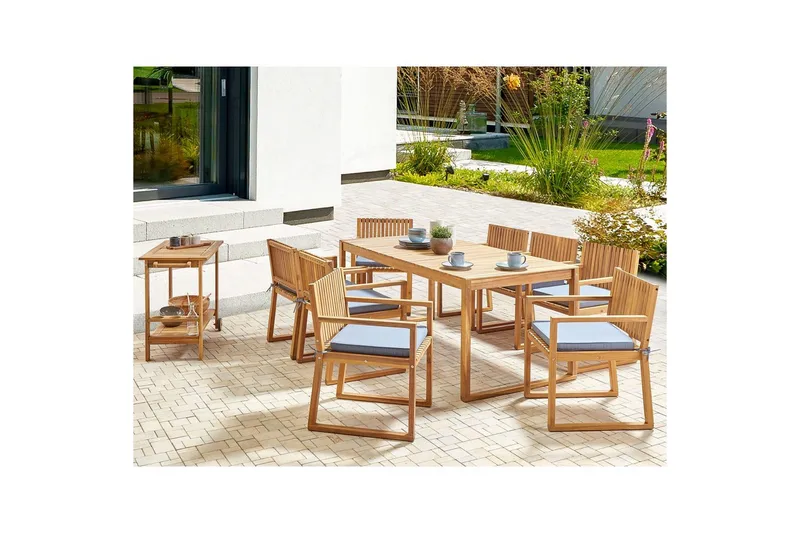Matsalsset Beliani Sassari II 8-Sits Light wood||blue - Puutarhakalusteet - Ulkoryhmä - Ruokailuryhmät ulos