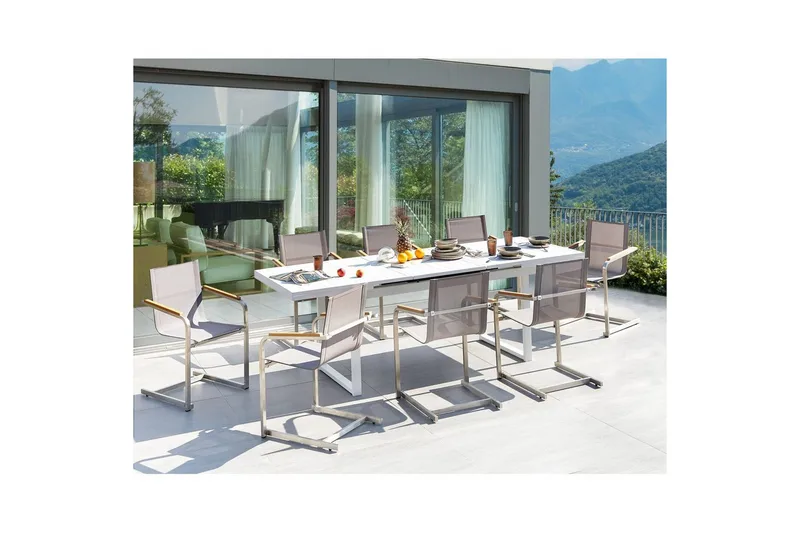 Matsalsset Beliani Valcanetto/Cosoleto Vit/Beige/Silver, 8-Sits White||Beige||Silver - Puutarhakalusteet - Ulkoryhmä - Ruokailuryhmät ulos