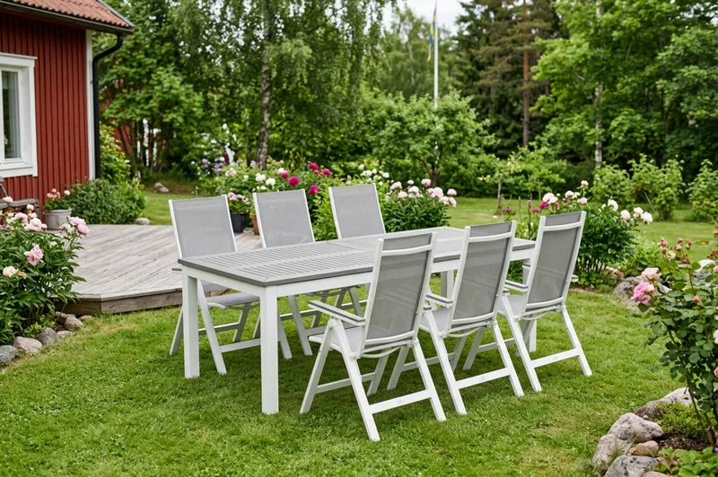 Monaco ulkokäyttöön ruokailuryhmä, jatkettava 210/310x90, mukana 6 Monaco Light säätötuolia - Valkoinen/Harmaa - Puutarhakalusteet - Ulkoryhmä - Ruokailuryhmät ulos