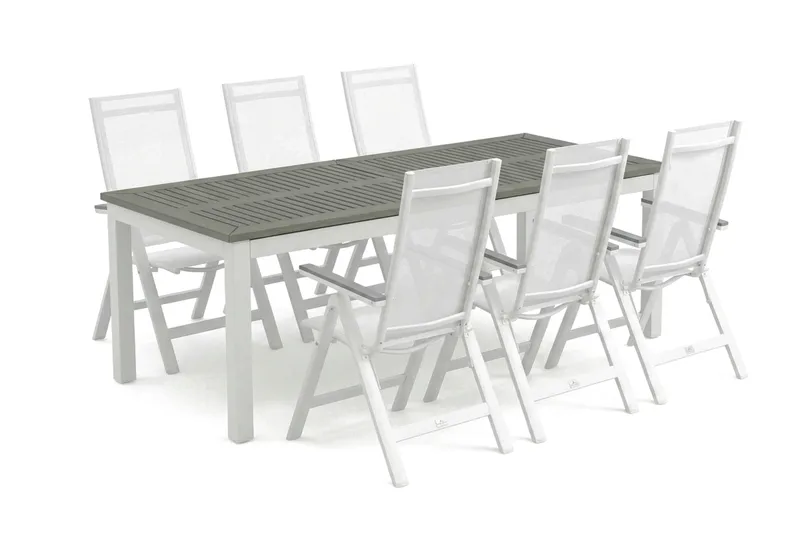 Monaco ulkokäyttöön ruokailuryhmä, jatkettava 210/310x90, mukana 6 Monaco Light säätötuolia - Valkoinen/Harmaa - Puutarhakalusteet - Ulkoryhmä - Ruokailuryhmät ulos