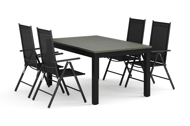 Monaco ulkoruokailuryhmä, jatkettava 150–250x90, 4 Maggie-säätötuolilla, Musta/Harmaa