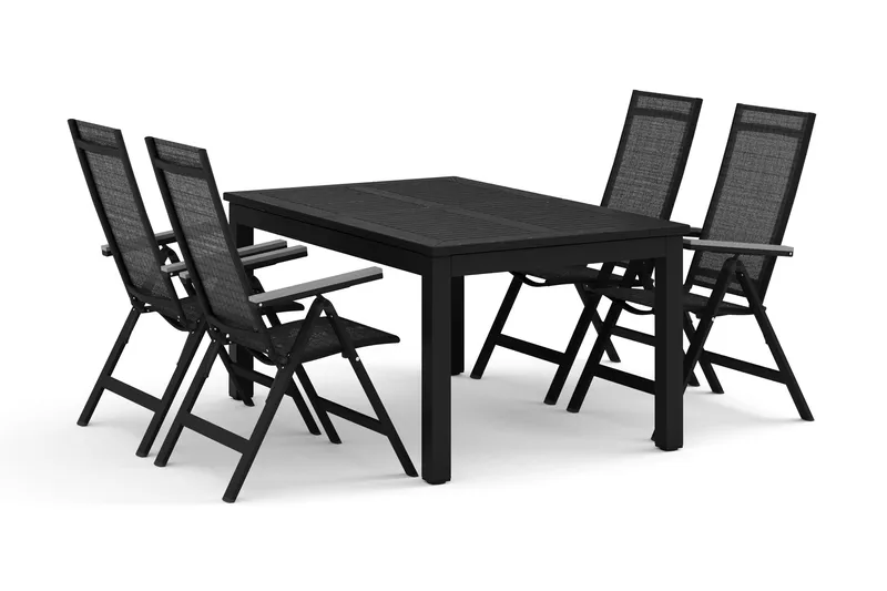 Monaco ulkoruokailuryhmä, jatkettava 150–250x90, 4 Monaco Light säätötuolia, Musta/Harmaa