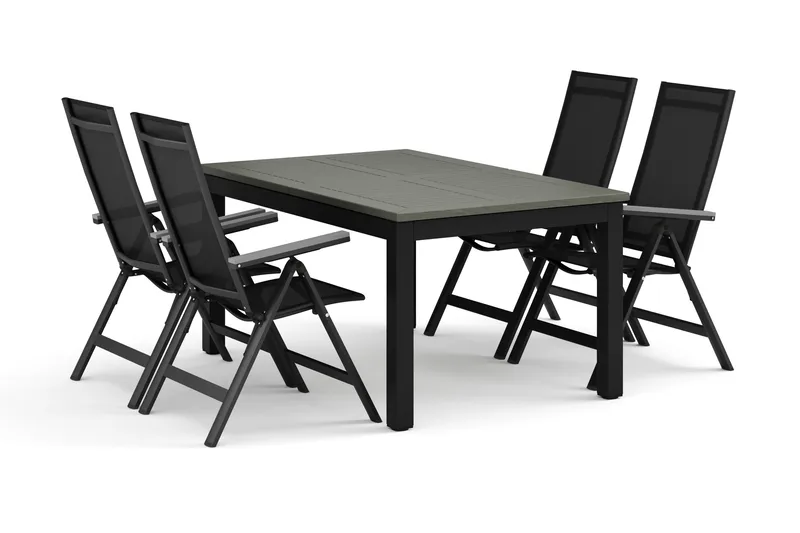 Monaco ulkoruokailuryhmä, jatkettava 150–250x90, 4 Monaco Light -säätötuolia, Musta/Harmaa
