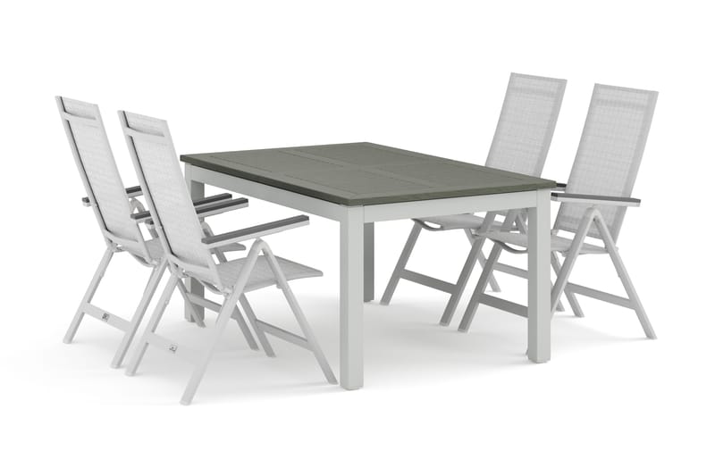 Monaco ulkoruokailuryhmä, jatkettava 150–250x90, 4 Monaco Light säätötuolia, Valkoinen/Harmaa