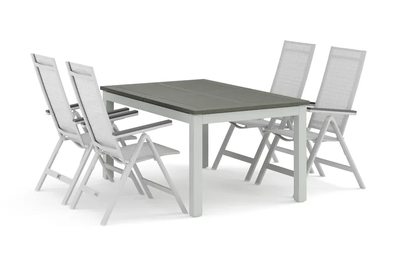 Monaco ulkoruokailuryhmä, jatkettava 150–250x90, 4 Monaco Light -säätötuolilla, Valkoinen/Harmaa