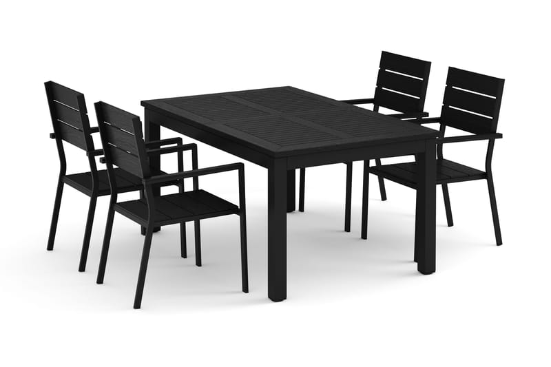 Monaco ulkoruokailuryhmä, jatkettava 150–250x90, 4 Tunis-pinottavaa tuolia, Musta/Harmaa