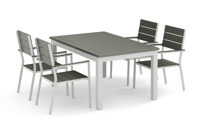 Monaco ulkoruokailuryhmä, jatkettava 150–250x90, 4 Tunis pinottavaa tuolia, Valkoinen/Harmaa