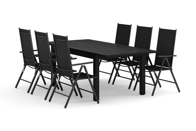 Monaco ulkoruokailuryhmä, jatkettava 150–250x90, 6 Maggie-säätötuolia, Musta/Harmaa