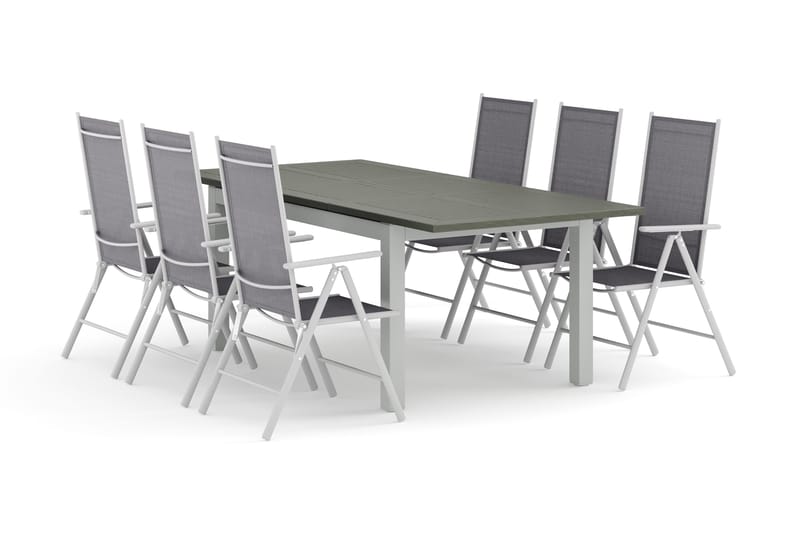 Monaco ulkoruokailuryhmä, jatkettava 150–250x90, 6 Maggie-säätötuolia, Valkoinen/Harmaa