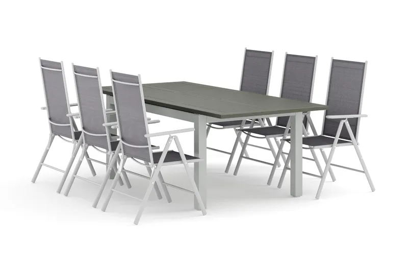 Monaco ulkoruokailuryhmä, jatkettava 150–250x90, 6 Maggie-säätötuolia, Valkoinen/Harmaa