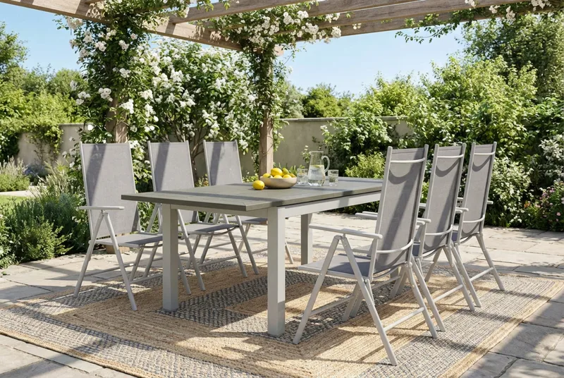 Monaco ulkoruokailuryhmä, jatkettava 150–250x90, 6 Maggie-säätötuolia - Valkoinen/Harmaa - Puutarhakalusteet - Ulkoryhmä - Ruokailuryhmät ulos