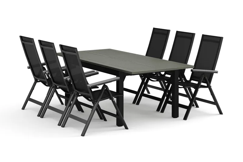 Monaco ulkoruokailuryhmä, jatkettava 150–250x90, 6 Monaco Light -säätötuolilla - Musta/Harmaa - Puutarhakalusteet - Ulkoryhmä - Ruokailuryhmät ulos