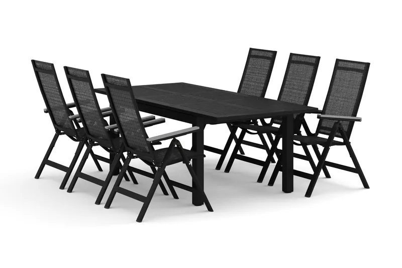 Monaco ulkoruokailuryhmä, jatkettava 150–250x90, 6 Monaco Light -säätötuolilla, Musta/Harmaa