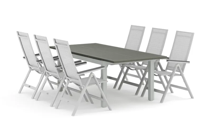 Monaco ulkoruokailuryhmä, jatkettava 150–250x90, 6 Monaco Light -säätötuolilla, Valkoinen/Harmaa