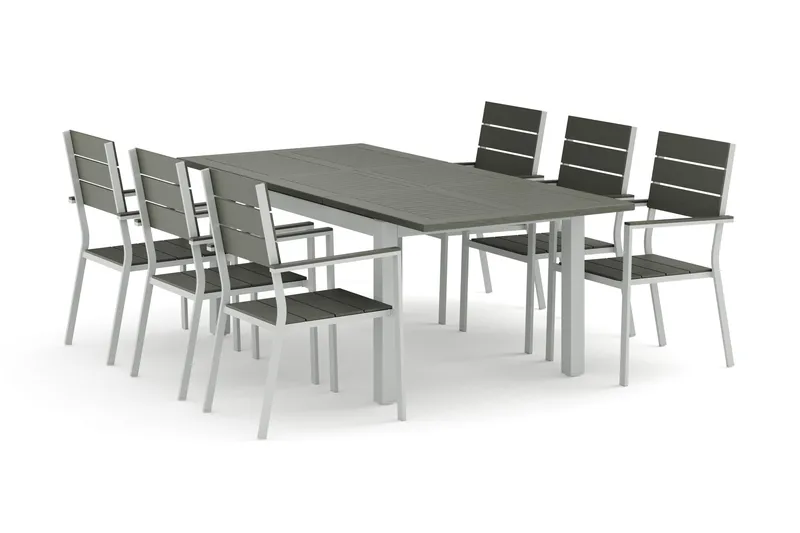 Monaco ulkoruokailuryhmä, jatkettava 150–250x90, 6 Tunis-pinottavalla tuolilla, Valkoinen/Harmaa