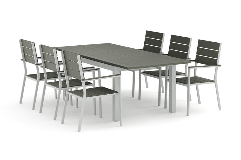 Monaco ulkoruokailuryhmä, jatkettava 150–250x90, 6 Tunis-pinottavalla tuolilla, Valkoinen/Harmaa