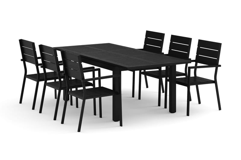 Monaco ulkoruokailuryhmä, jatkettava 150–250x90, 6 Tunis-pinottavaa tuolia, Musta/Harmaa