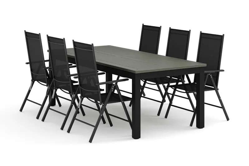 Monaco ulkoruokailuryhmä, jatkettava 210/310x90, 6 Maggie-säätötuolia, Musta/Harmaa