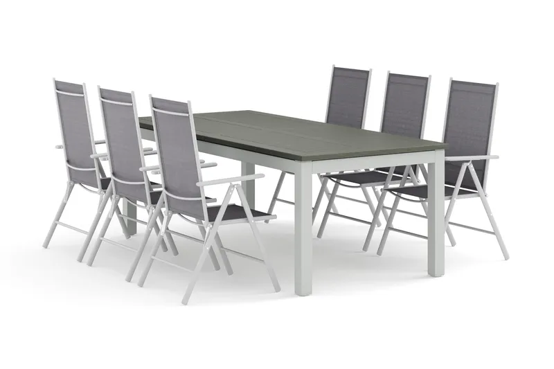 Monaco ulkoruokailuryhmä, jatkettava 210/310x90, 6 Maggie-säätötuolia, Valkoinen/Harmaa
