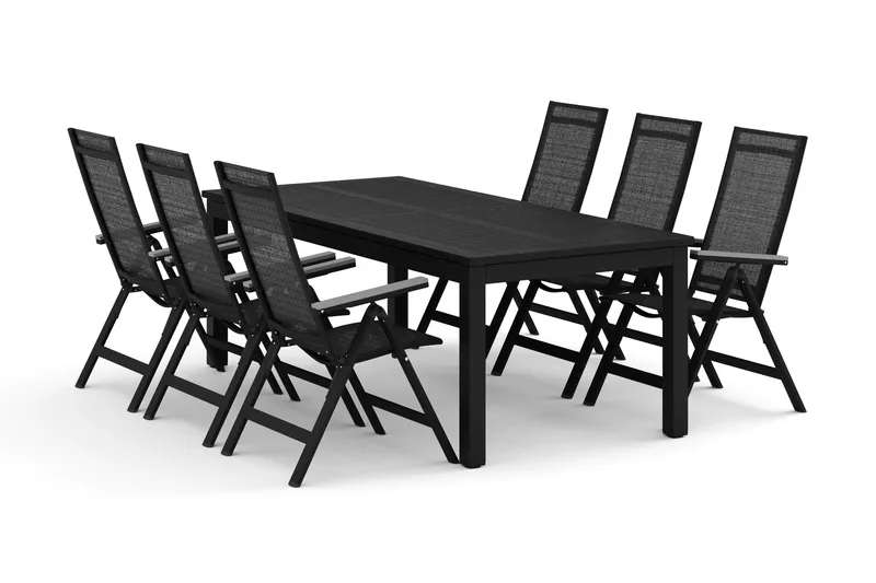 Monaco ulkoruokailuryhmä, jatkettava 210/310x90, 6 Monaco Light säätötuolia, Musta/Harmaa
