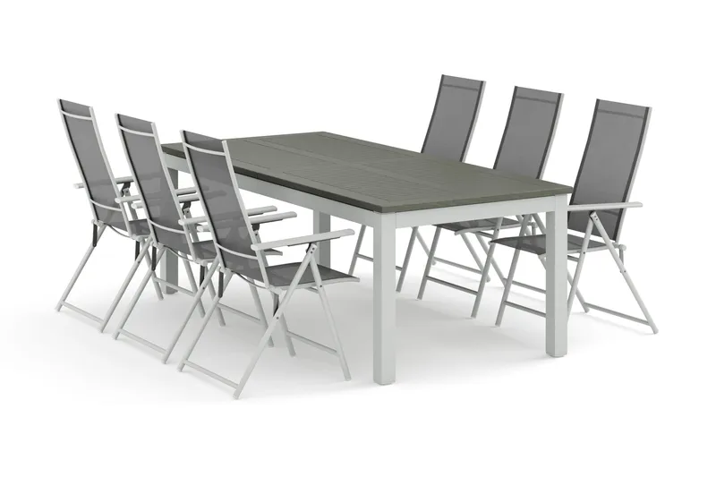 Monaco ulkoruokailuryhmä, jatkettava 210/310x90, 6 Sanna-säätötuolilla, Valkoinen/Harmaa