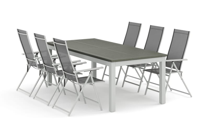 Monaco ulkoruokailuryhmä, jatkettava 210/310x90, 6 Sanna-säätötuolilla, Valkoinen/Harmaa